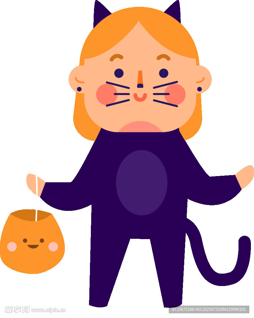扮成猫的小女孩手持南瓜灯