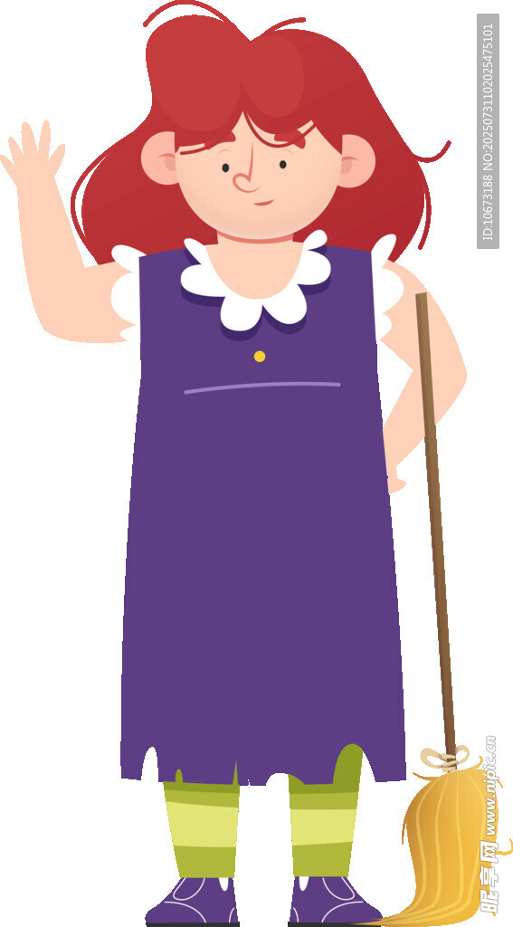 红衣女孩手持扫帚做家务