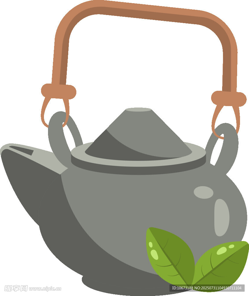 卡通灰茶壶配绿叶