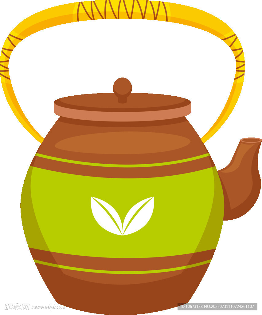 绿色陶制茶壶带茶叶图案