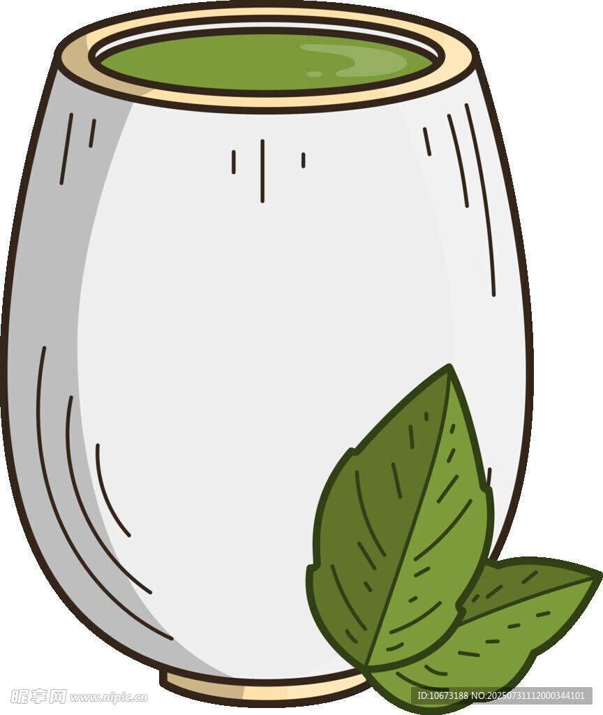 白色茶杯与绿叶插画