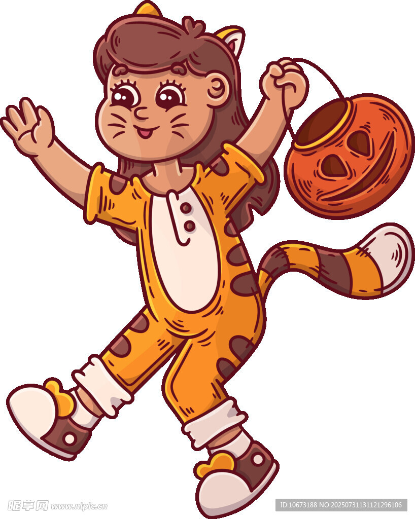 扮成猫咪的小孩提南瓜灯