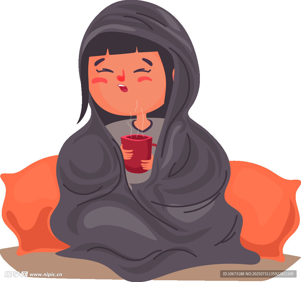 裹毯捧杯的惬意女孩