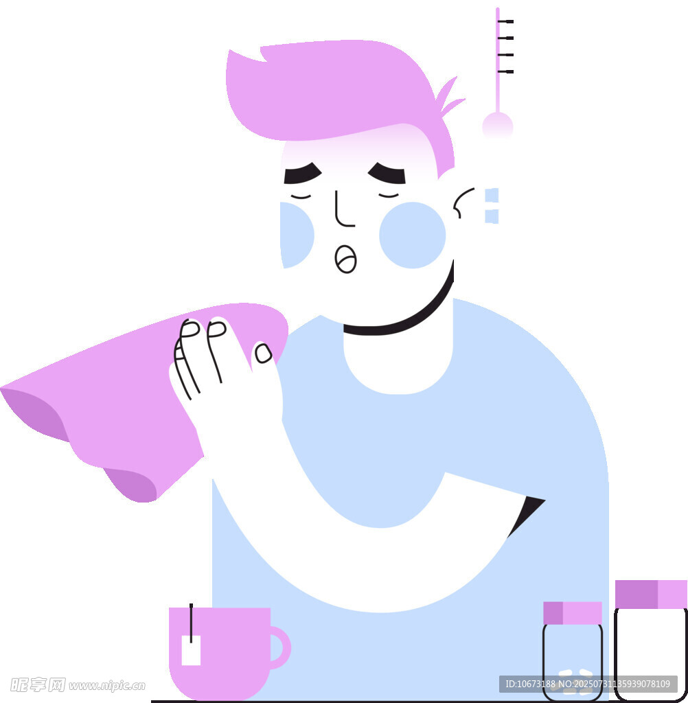 生病男子用纸巾擦拭鼻涕