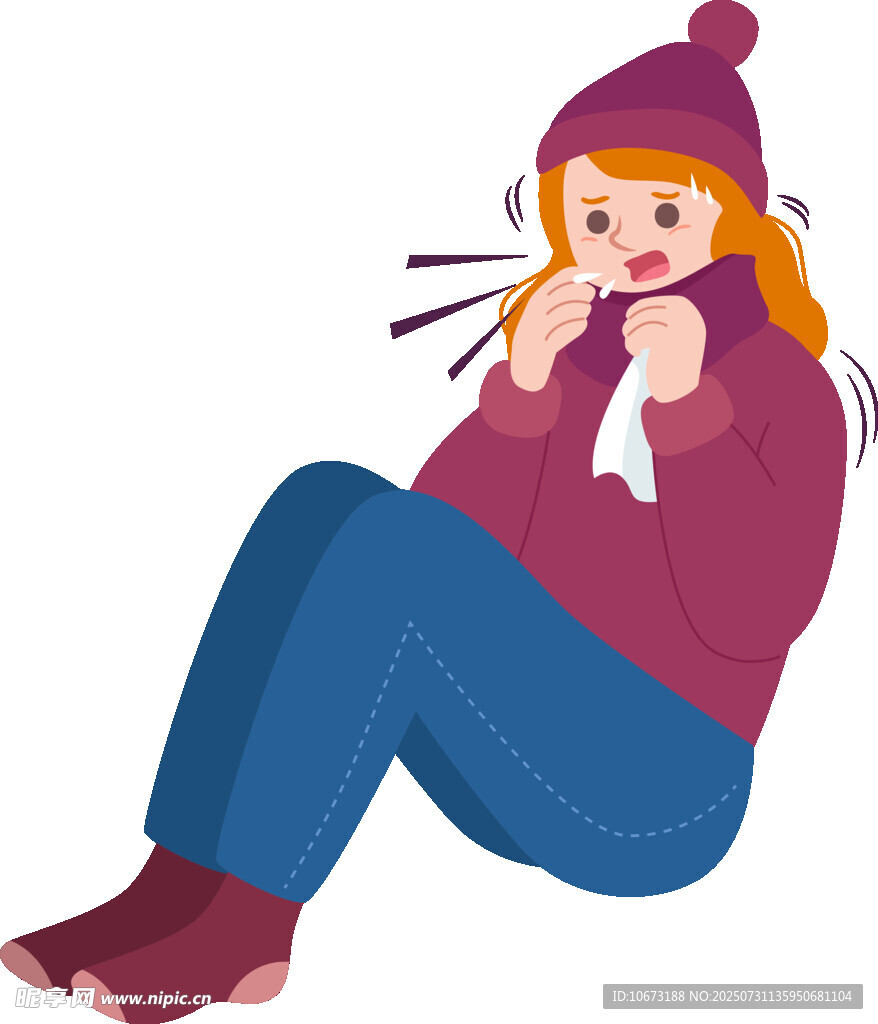 生病女孩坐着擤鼻涕