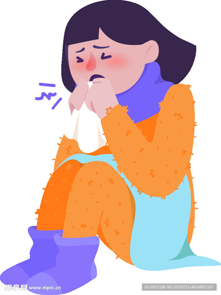 生病女孩坐着擤鼻涕