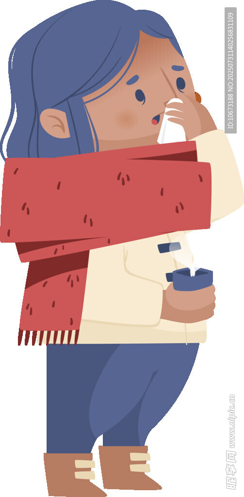 女孩冬日围巾捂嘴喝热饮