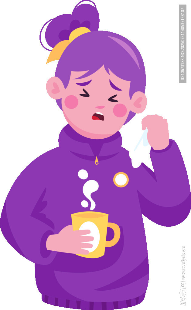 生病女孩手持热茶与纸巾