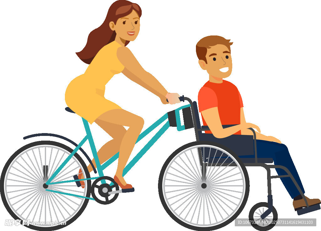 女子助力坐轮椅男子骑自行车