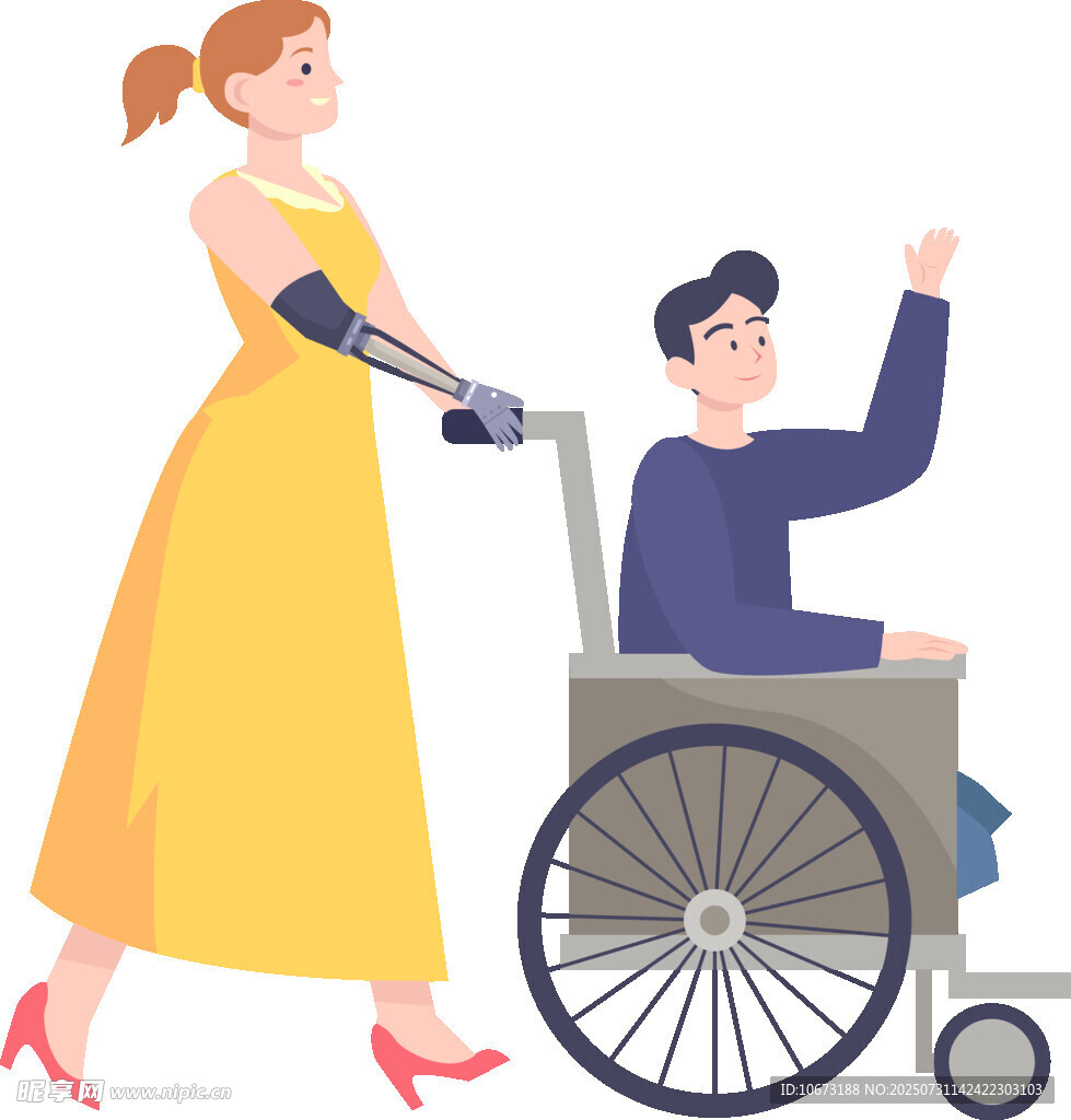 女子推坐轮椅男子出行