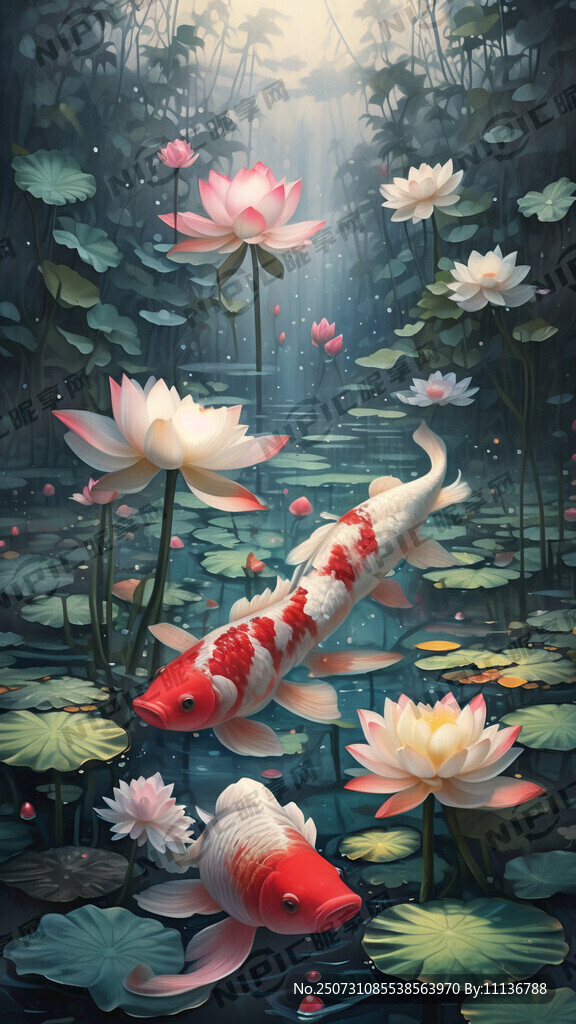 美丽的荷花 锦鲤