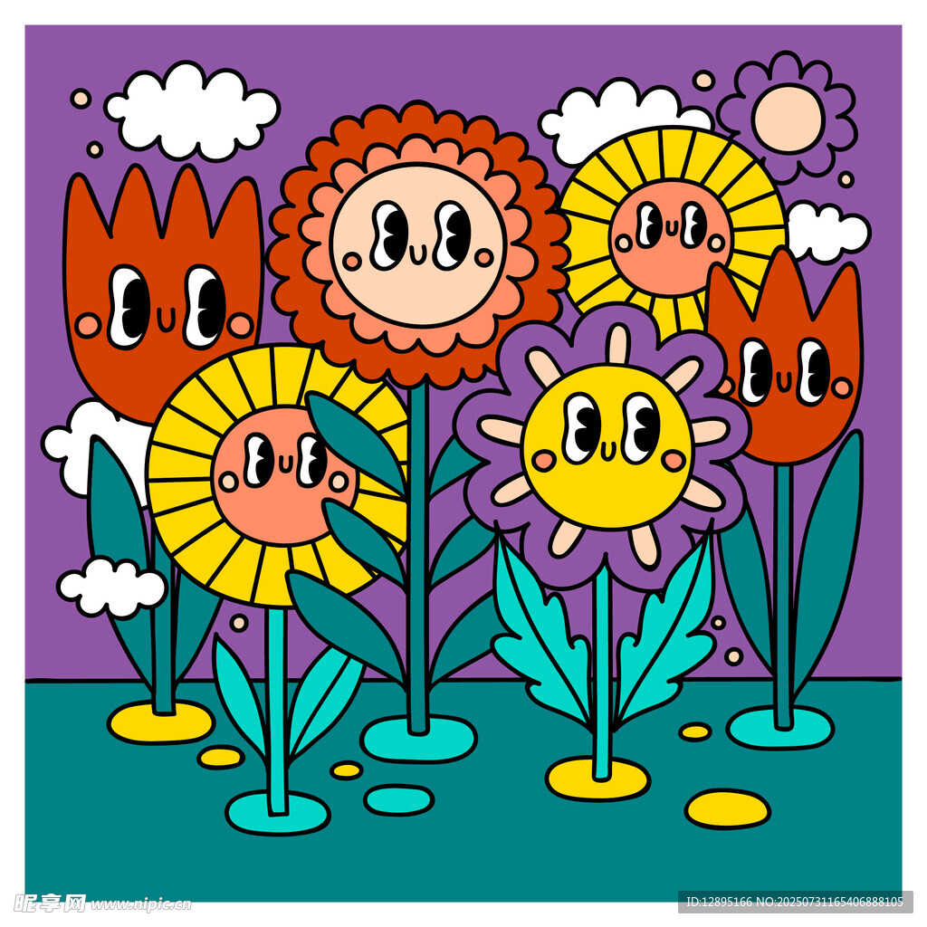 多彩卡通花卉插画