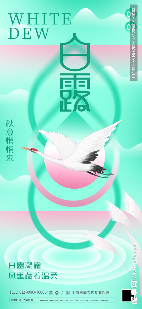 白露芦苇鸟绿色粉色渐变海报