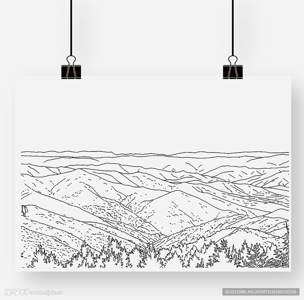黑白线条绘就的山川图景