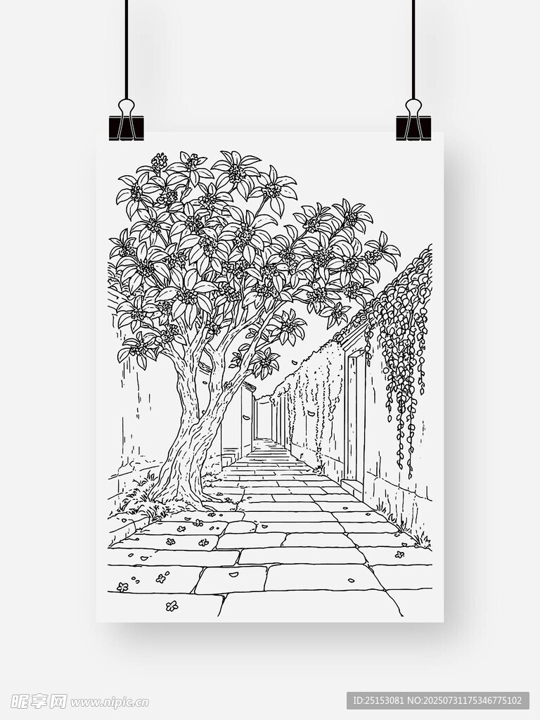 手绘庭院小路静谧风景