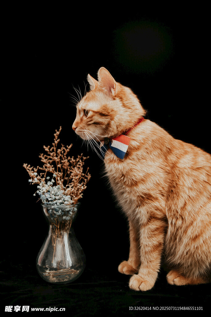 橘猫嗅闻花瓶中的植物