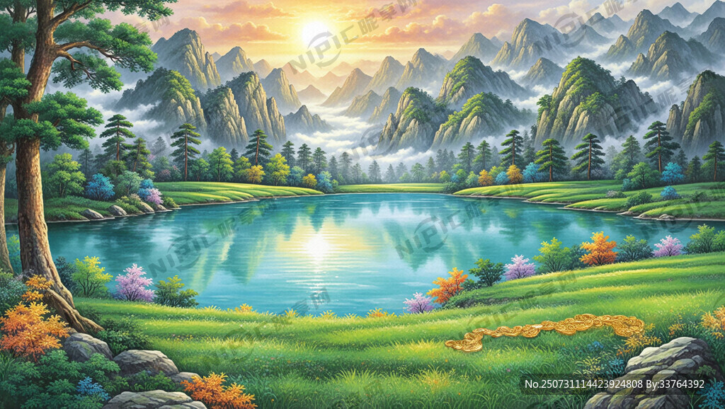 油墨山水画 中间有湖泊 草地