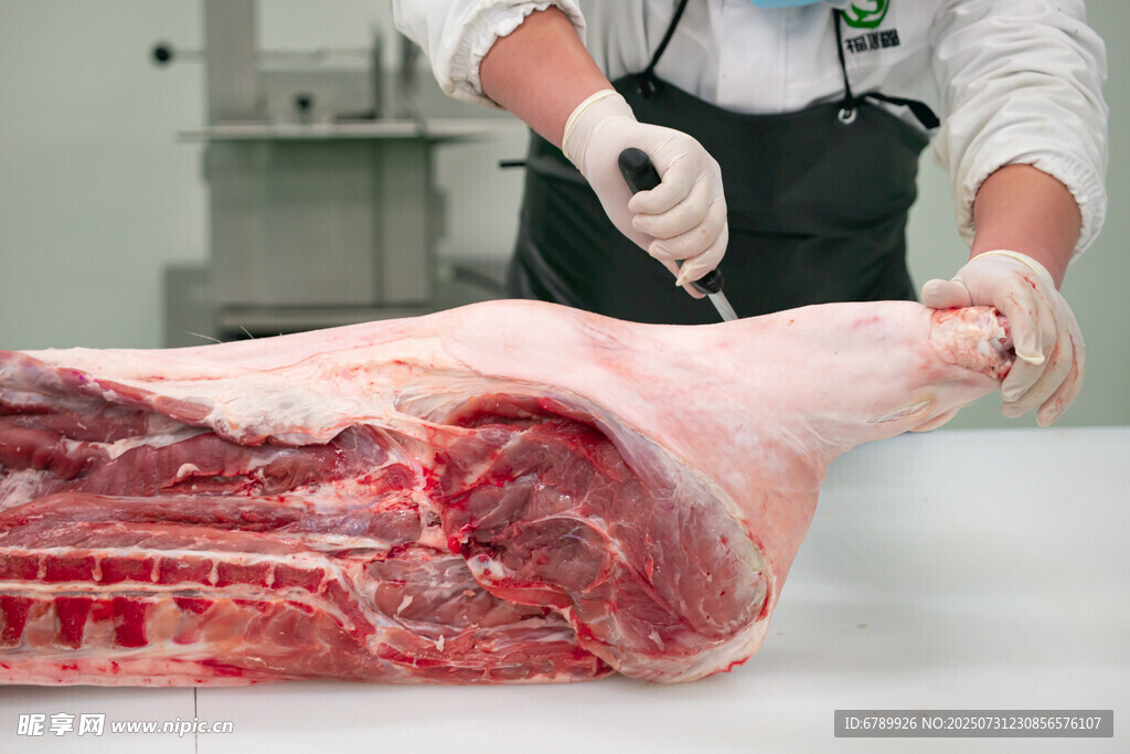 工人处理新鲜猪肉