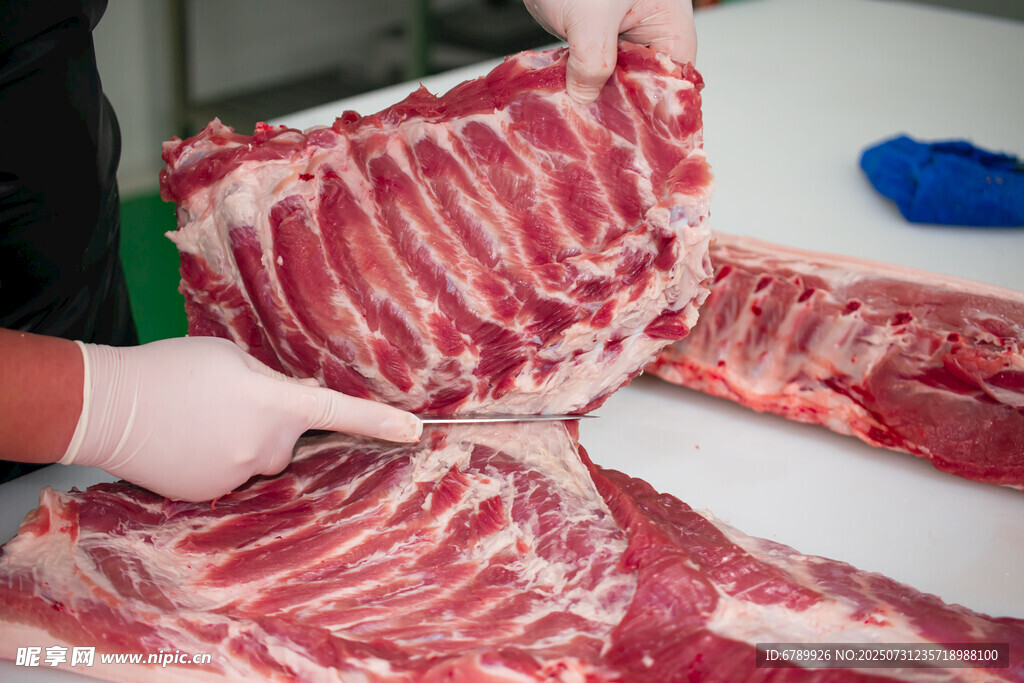 新鲜生猪肉排骨展示