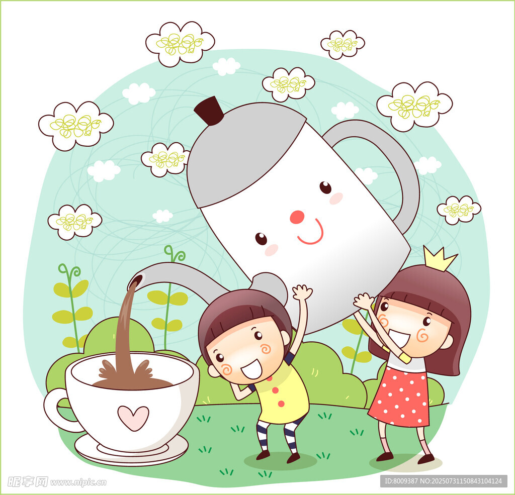卡通茶壶为孩子倒咖啡场景
