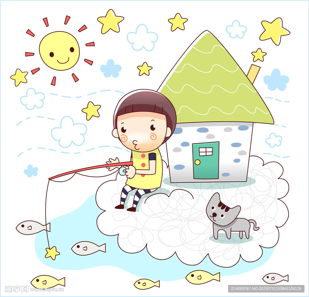 男孩云端钓鱼奇幻场景
