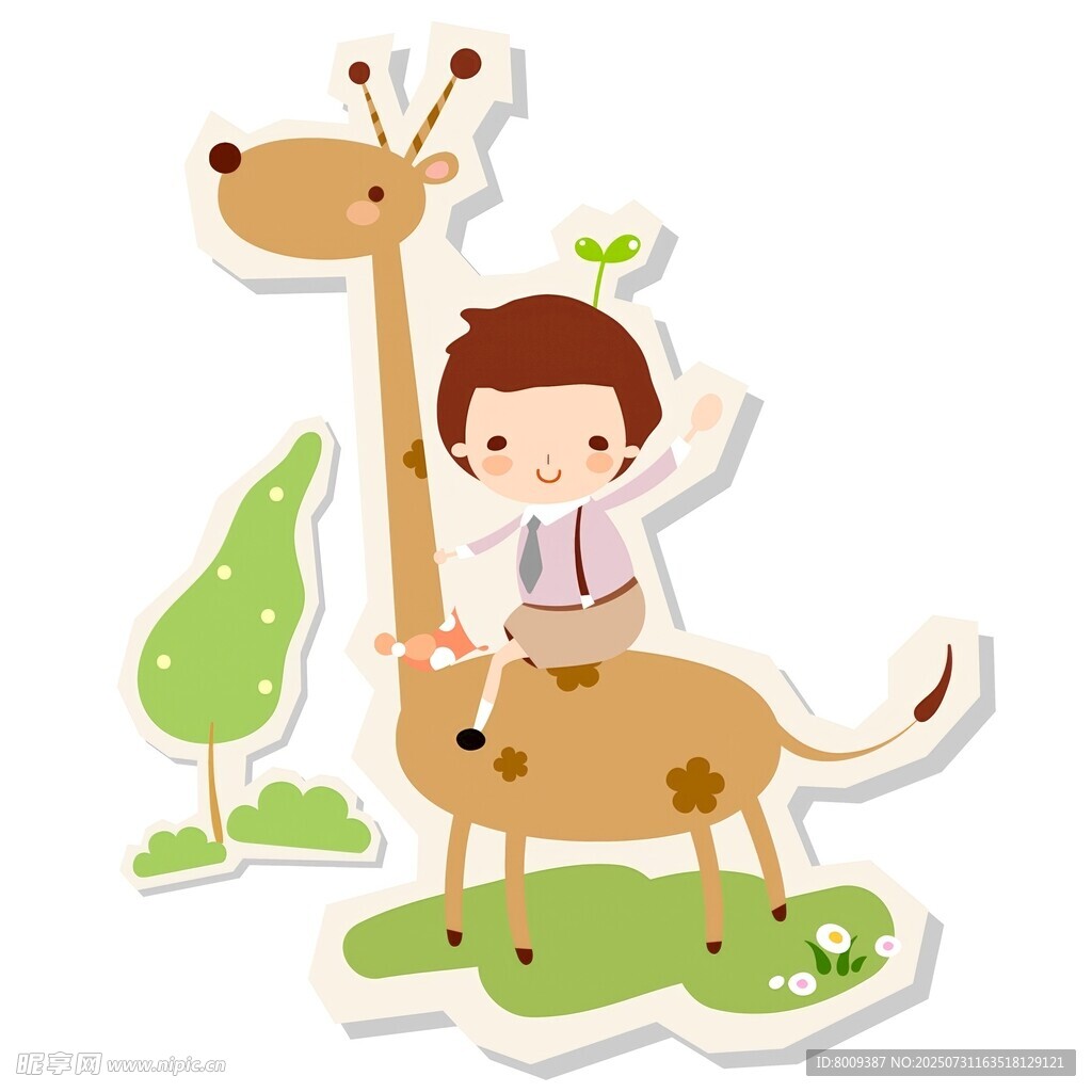 小男孩骑在长颈鹿背上玩耍