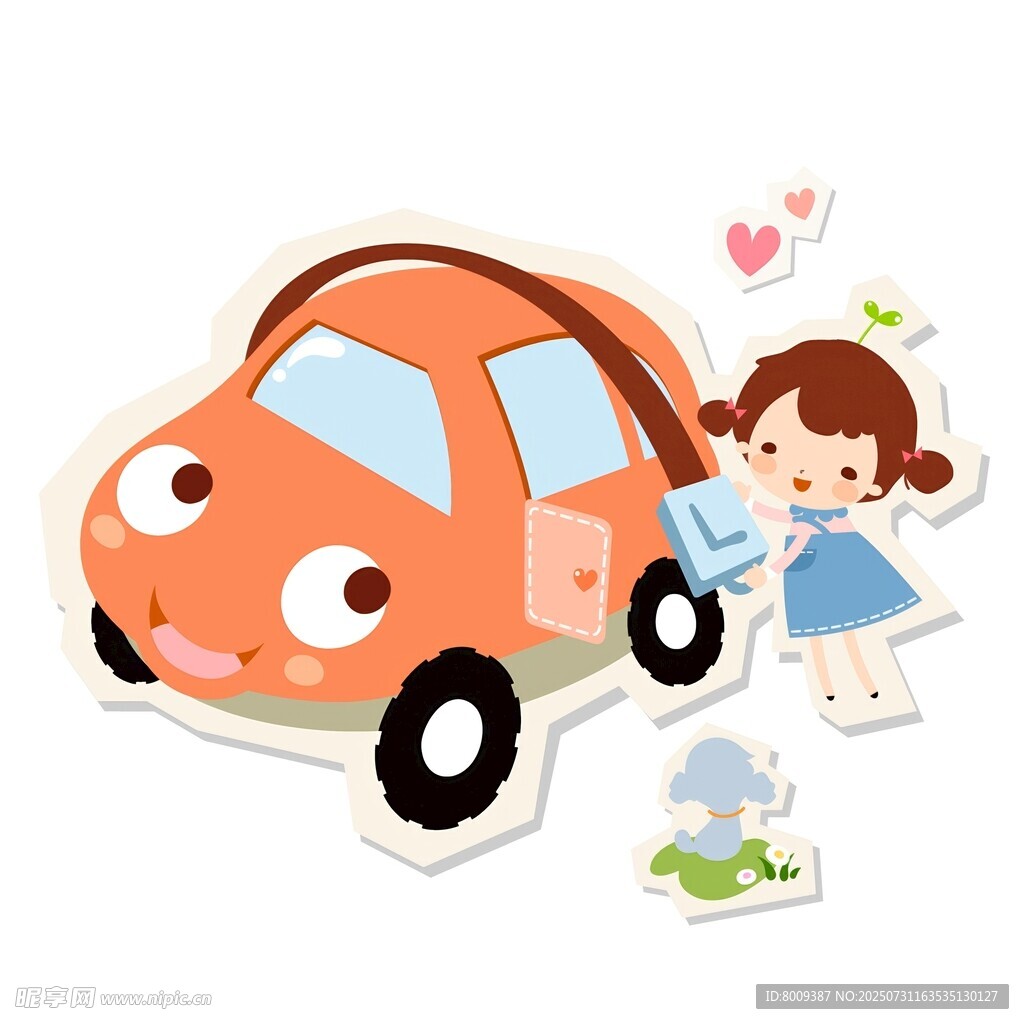 小女孩与可爱卡通汽车贴纸
