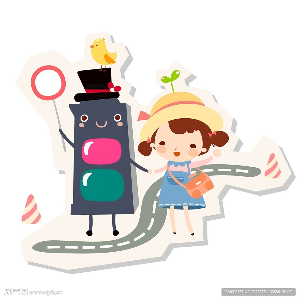 女孩与交通灯卡通形象相伴