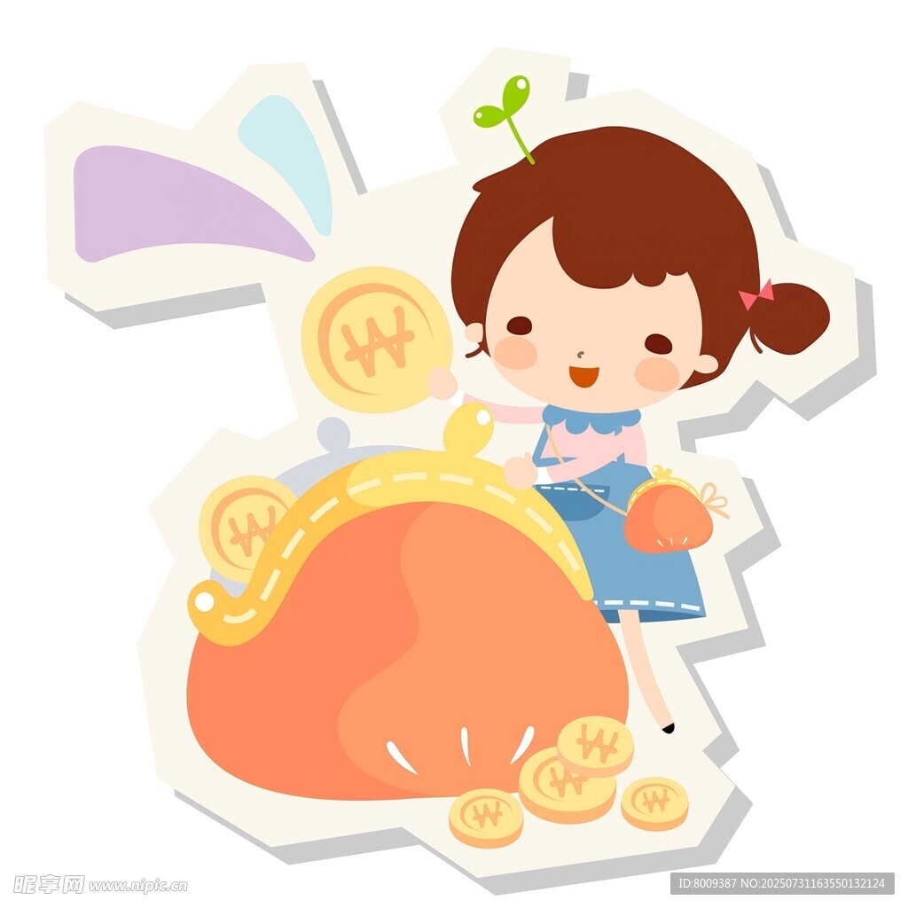 女孩与装满金币的钱袋