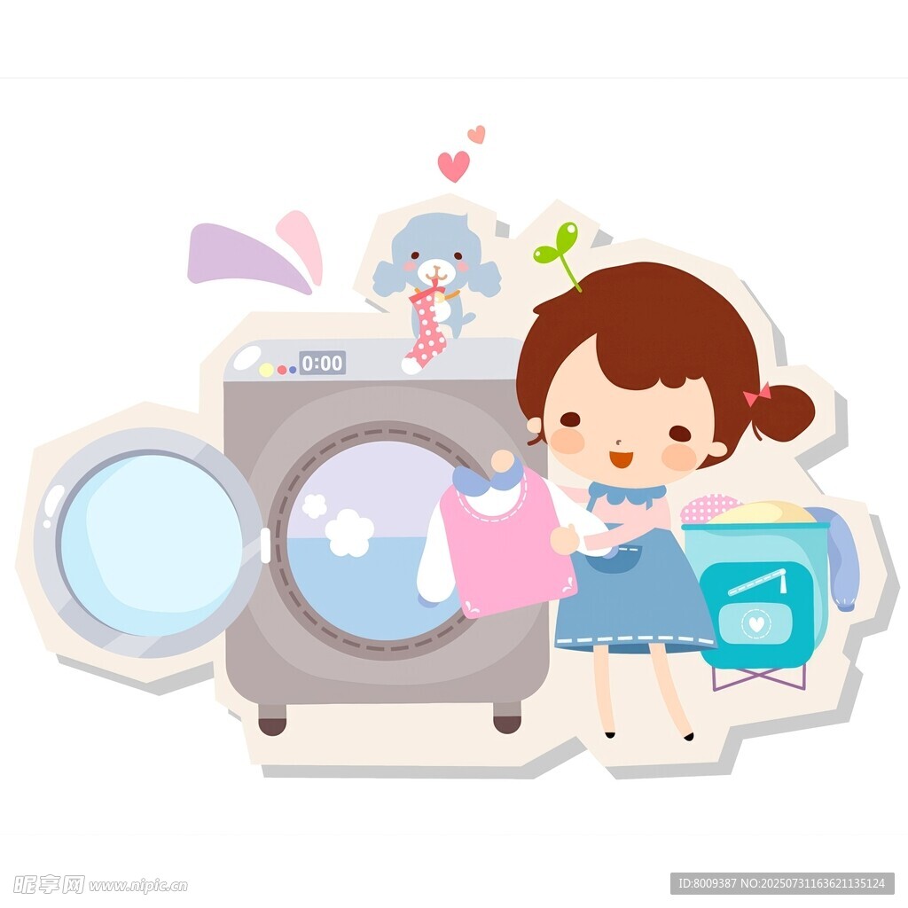 女孩开心使用洗衣机洗衣