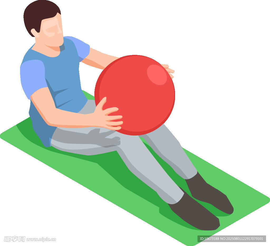 男子坐地抱健身球锻炼