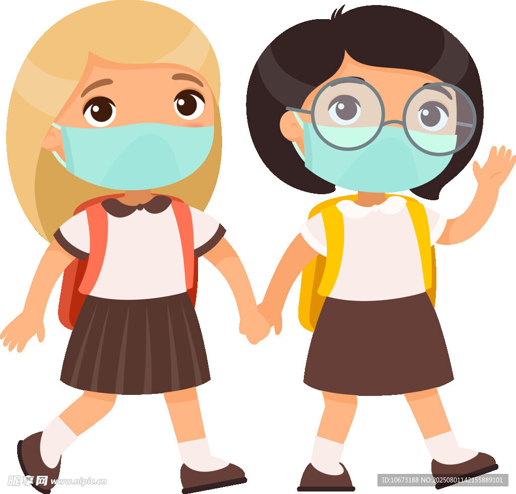 戴口罩牵手上学的小女孩