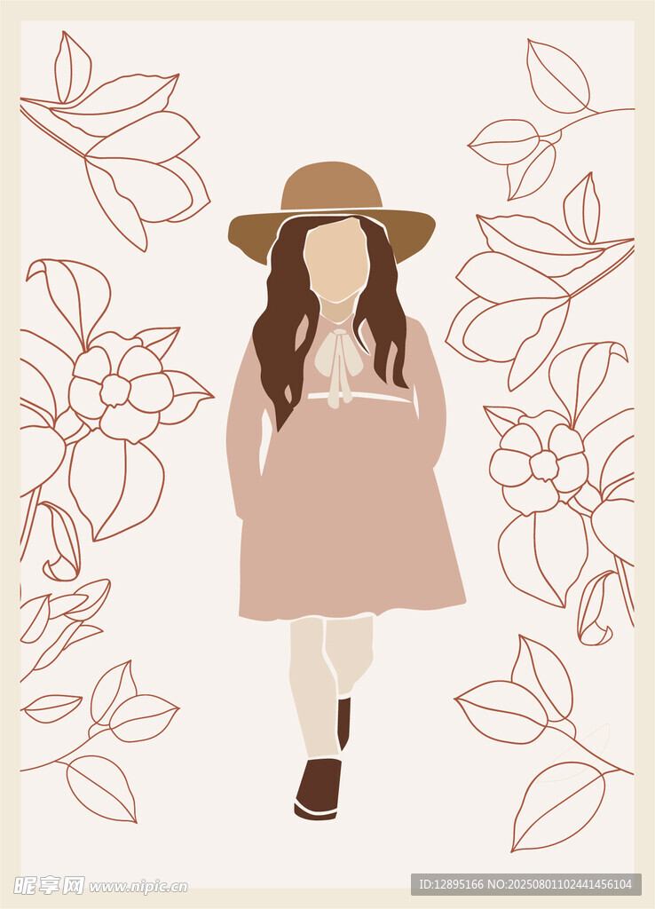 戴帽女孩与花卉插画