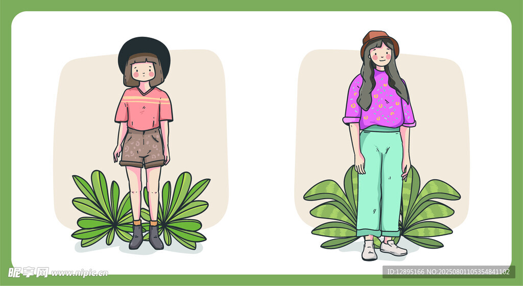 两位女孩时尚穿搭插画