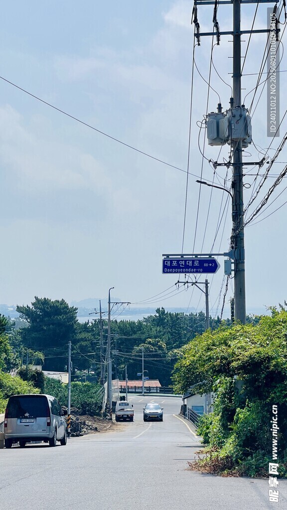济州岛城市道路车辆与电线杆景观