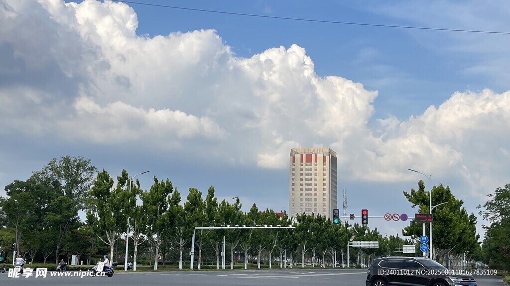 城市远景中的高楼与绿树