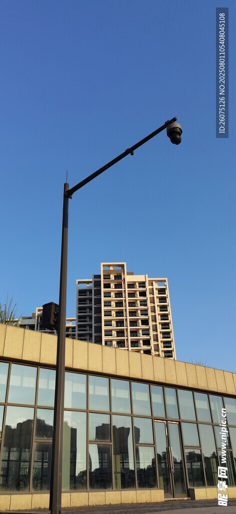 城市中玻璃建筑与路灯景观