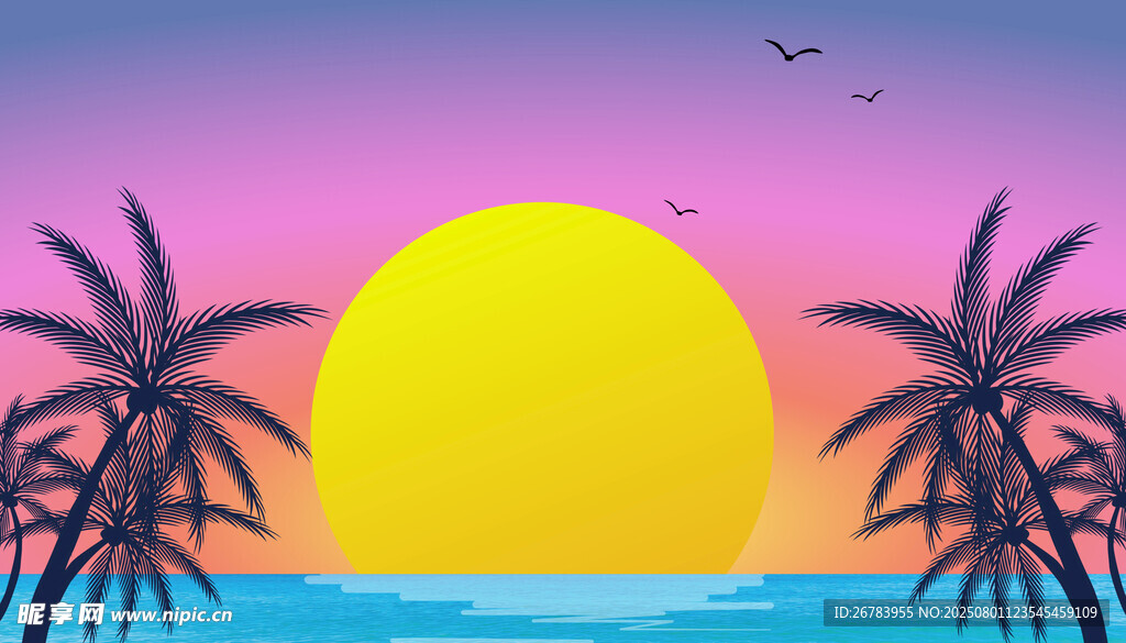 海边日落与棕榈树美景