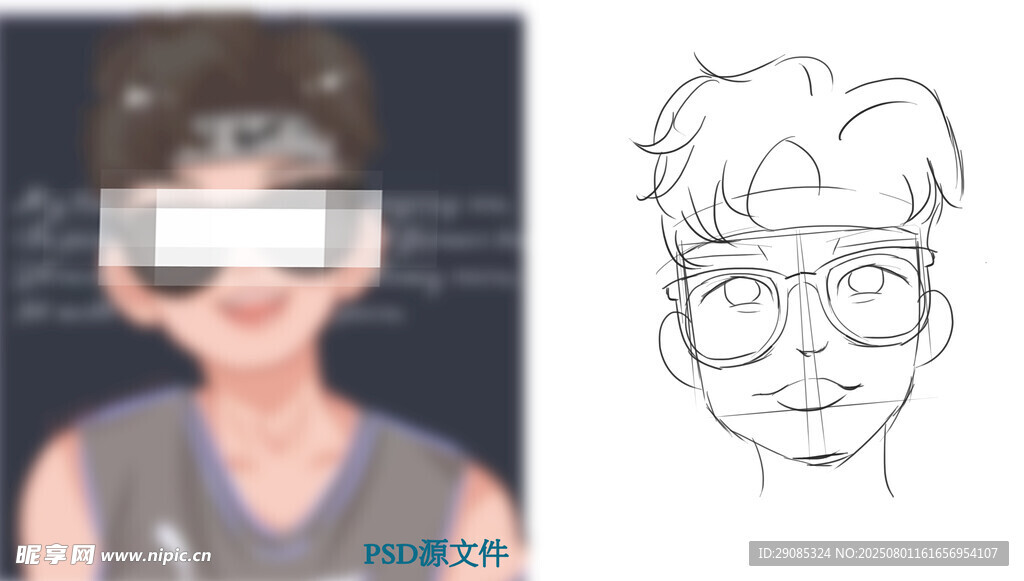 男孩照片与线稿头像对比