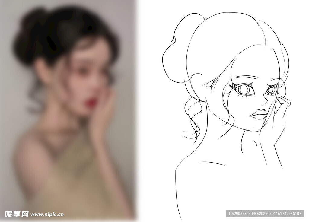 优雅女性形象与线稿描绘