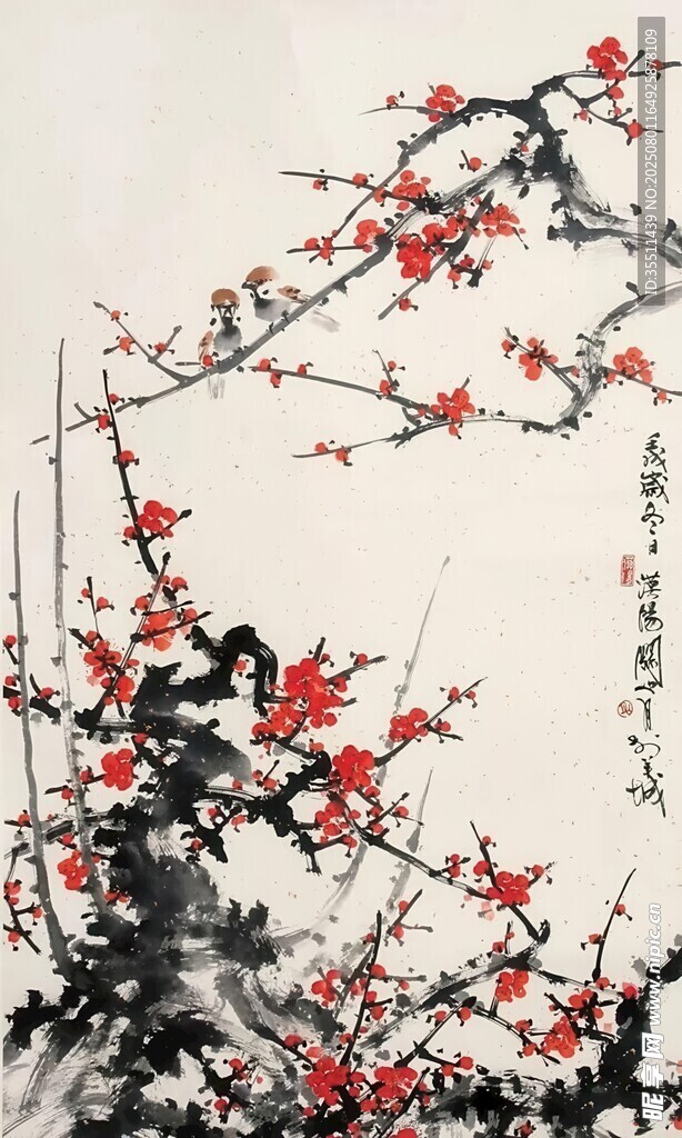 水墨红梅图