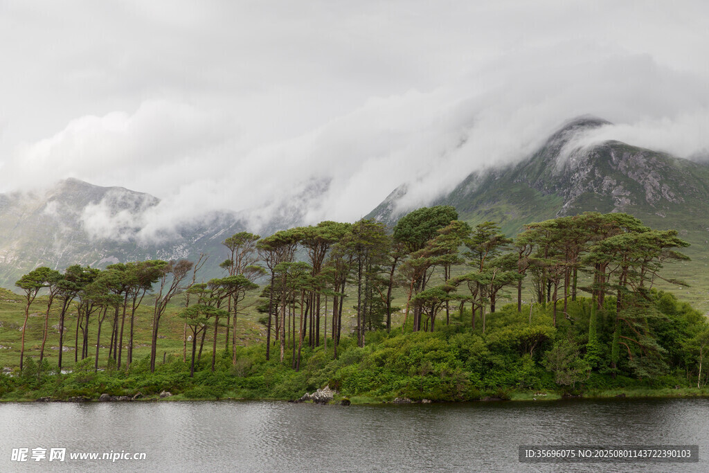 湖畔山林云雾缭绕美景