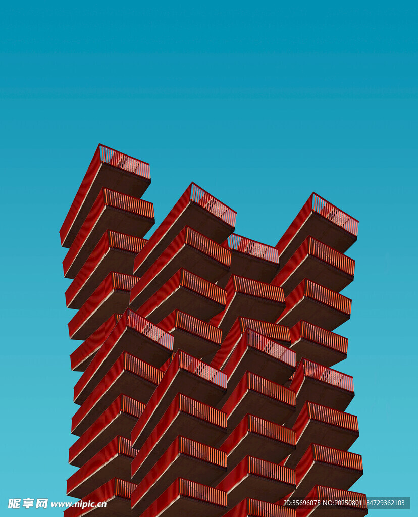 红色几何结构建筑特写