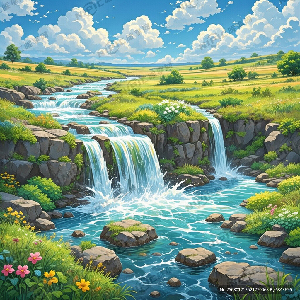 瀑布河流 平原草地 自然风光