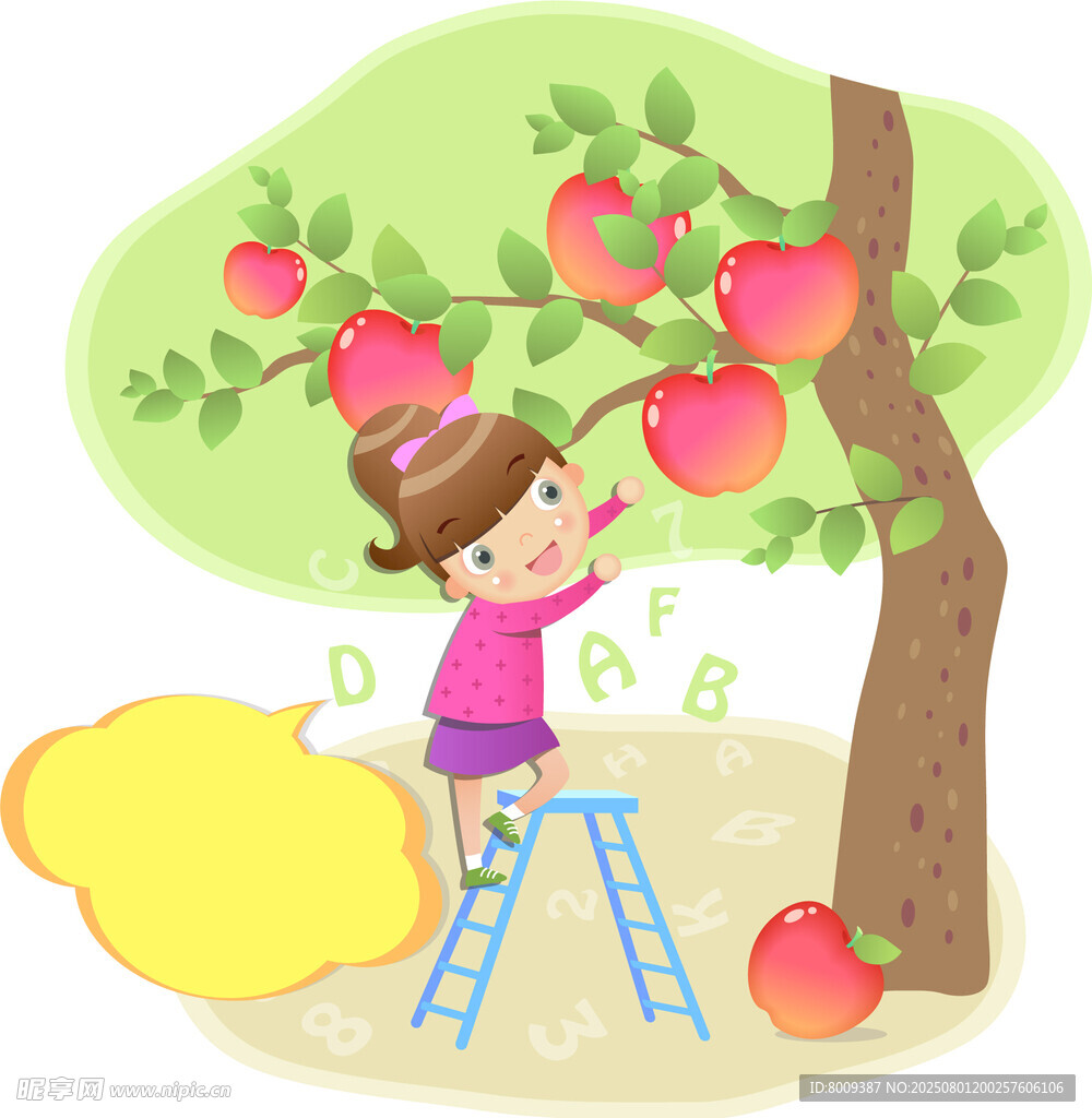 女孩爬梯摘树上红苹果