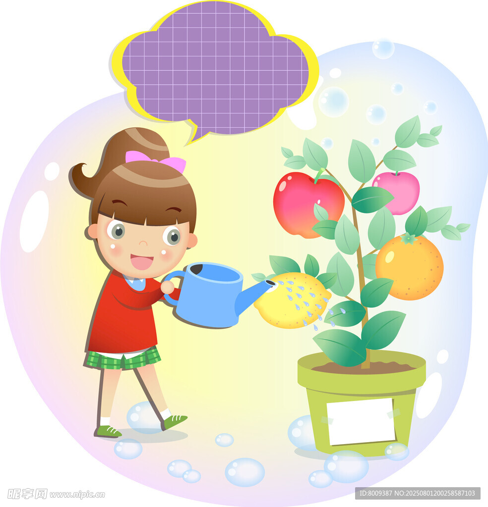 女孩给盆栽苹果树浇水