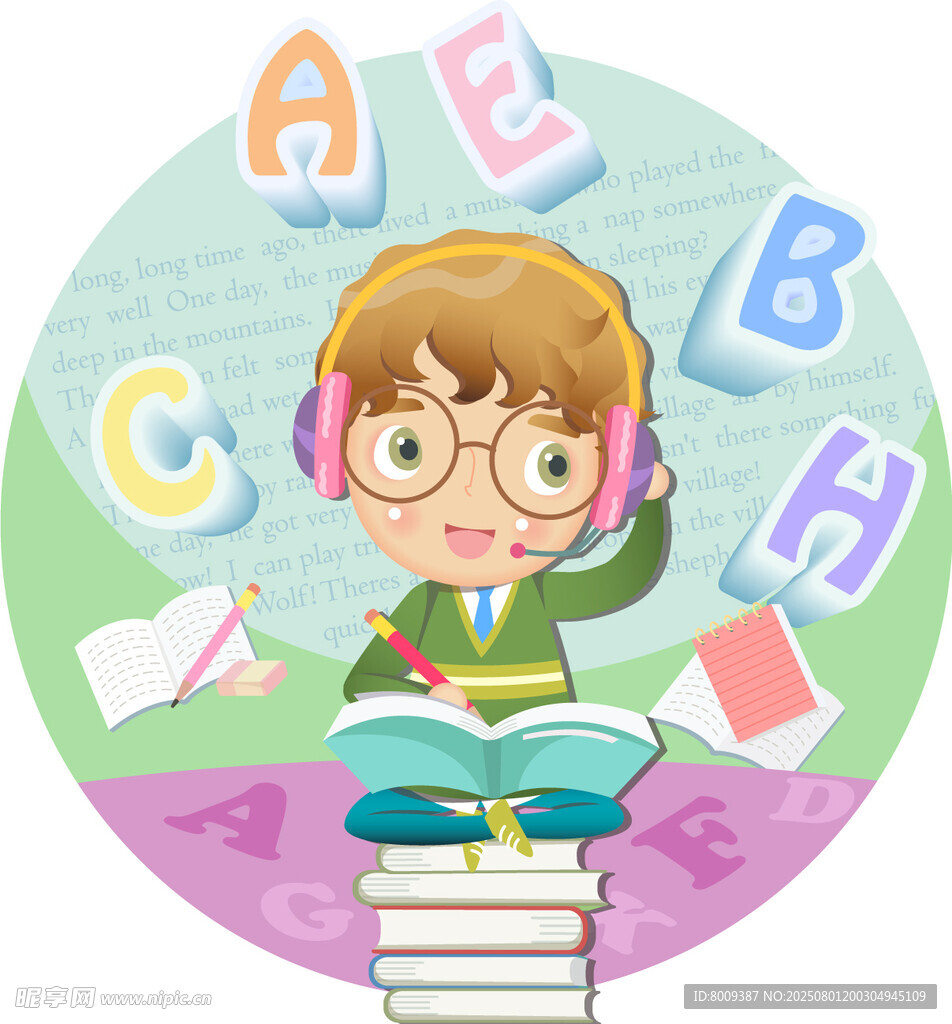孩子戴着耳机快乐学英语