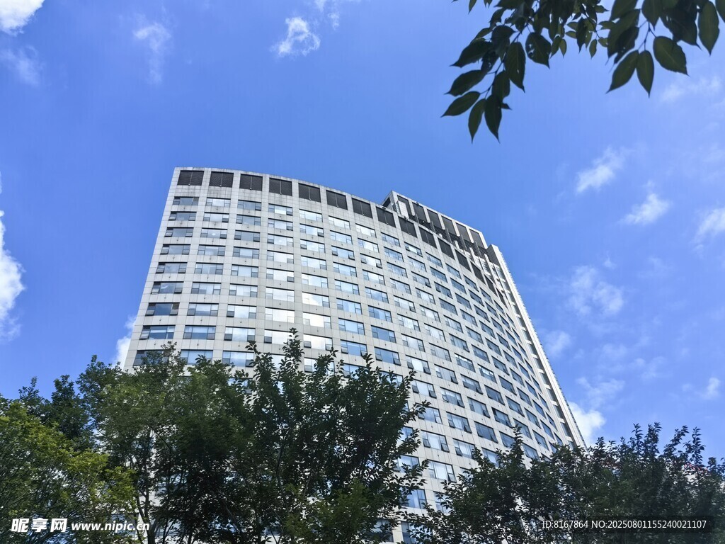 高楼耸立蓝天绿树间