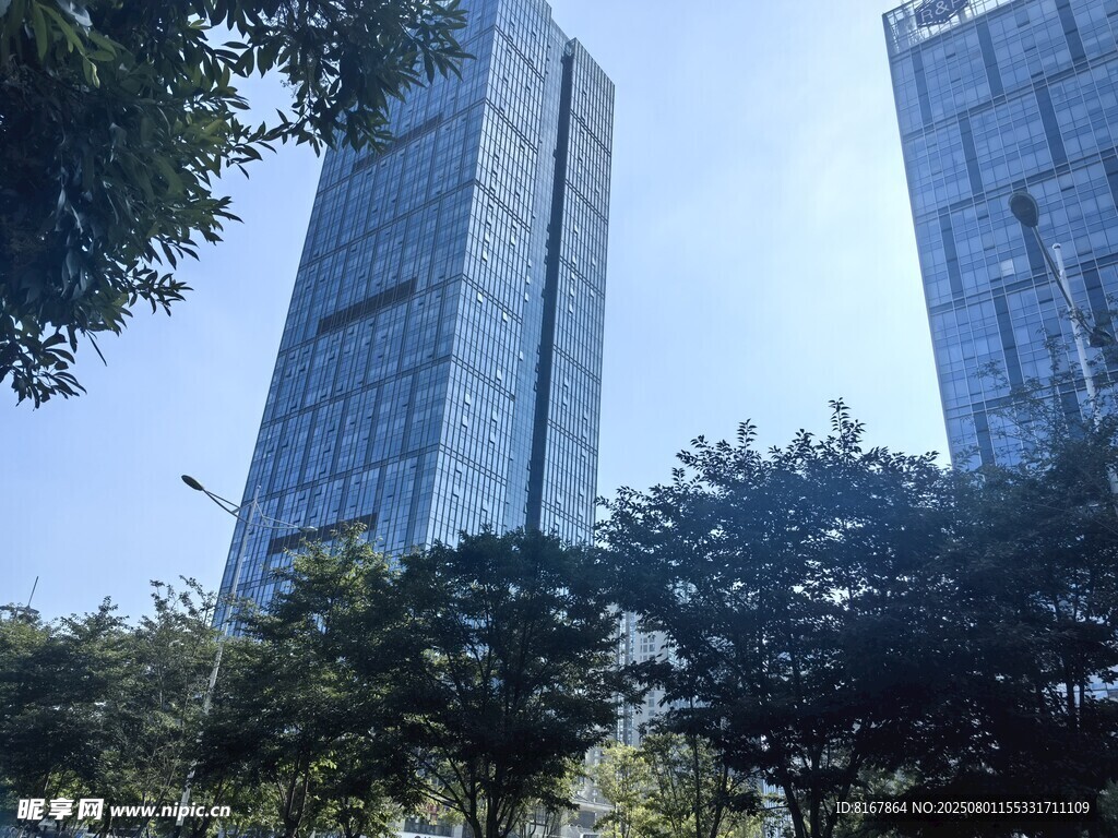 都市高楼与绿树景观