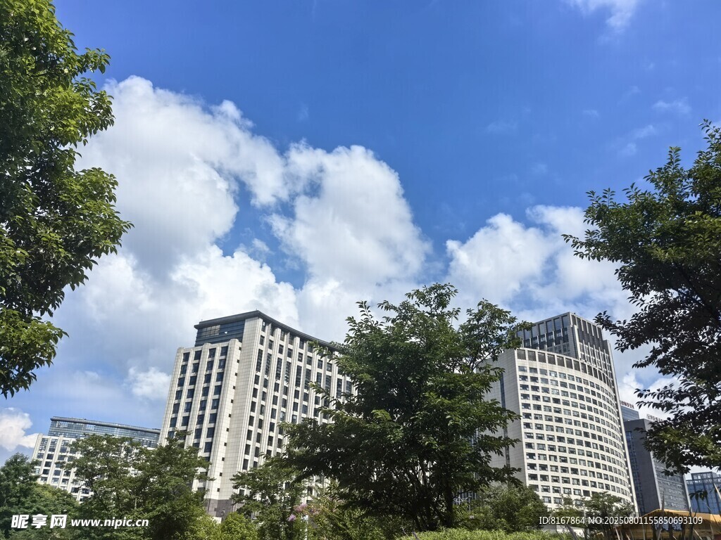 城市高楼与蓝天白云绿树